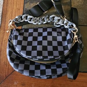 Checkerboard Crossbody Bag with Marbled Chain Strap - Black/Gray